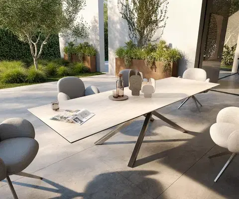 Záhradné stoly DELIFE Záhradný jedálenský stôl Edge 300x100 cm keramika Laminam® Travertino Bianco bielo-krémová krížová podstava obdĺžnik nerezová oceľ