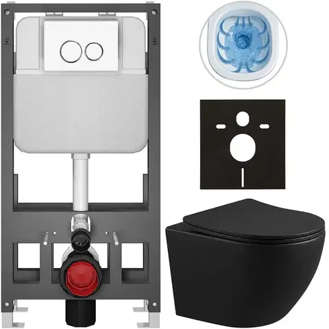 Záchody CERANO - Kompletný WC set Basic/Cesso - čierna matná - WC tlačidlo Dualo/Biela - voľne stojaca - predstenová inštalácia - 49x36 CER-8050BD86332