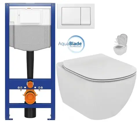 Závesné wc sety CERSANIT predstenový inštalačný systém s bielym tlačidlom K97-516 + WC Ideal Standard Tesi so sedadlom SoftClose, AquaBlade K97-526 516 TE1
