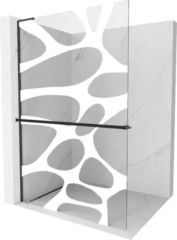 Sprchové dvere MEXEN/S - Kioto+ L Sprchová zástena WALK-IN s poličkou a držiakom uterákov 90 x 200, biely vzor, čierna 800-090-123-70-97
