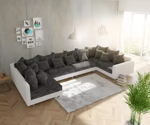 Sedacie súpravy XL DELIFE Pohovka v tvare U Clovis XL biela čierna s opierkou modulárna