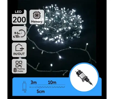 LED osvetlenie  B.V.  - Vonkajší LED reťaz 200xLED/8 funkcií 13m IP44 studená biela B103031ON