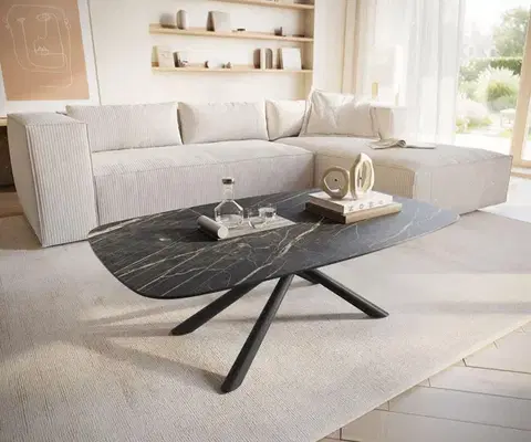 Konferenčné stolíky DELIFE Konferenčný stolík Edge zaoblený 120x70 cm keramika Laminam® Noir Desir hnedá Sarity kov čierna