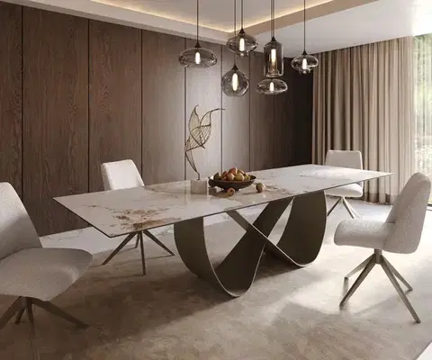 Jedálenské stoly DELIFE Jedálenský stôl Edge 300x100 cm keramika Minas Melange bielo-béžová Infinity kov efektový povrch titán
