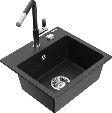 Kuchynské drezy MEXEN/S MEXEN/S - Milo granitový drez 1-miska vrátane batérie Flora, čierna/strieborná metalík 6505-73-670401-07