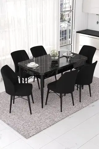 Jedálenské sety Extendable Dining Table & Chairs Set (7 Pieces) Nef - Black Marble, Black