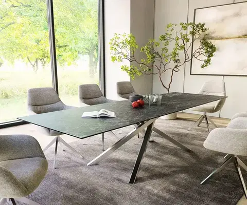 Jedálenské stoly DELIFE Jedálenský stôl Edge 300x100 cm keramika Laminam®Nero Greco antracitová krížová podstava nerezová oceľ