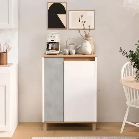 Komody a skrinky SMART komoda na nožičkách, biela/betón/sepet