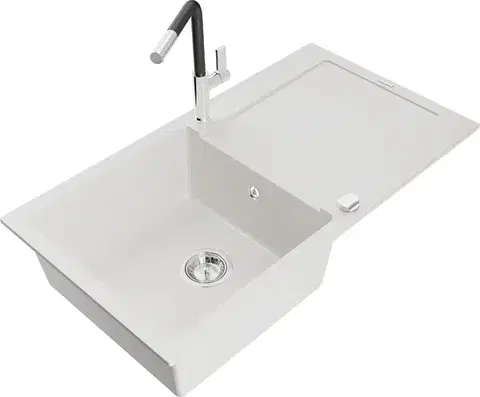 Kuchynské drezy MEXEN/S MEXEN/S - Leo granitový drez 1 s odkvapkávačom vrátane batérie Flora, biela 6501-20-670401-07