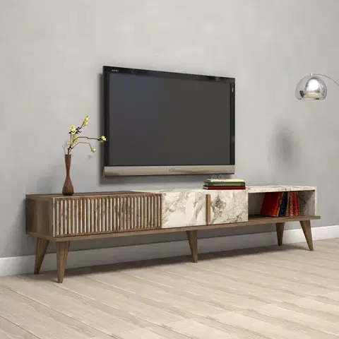 TV stolíky TV stolík Milan - Walnut, White Marble