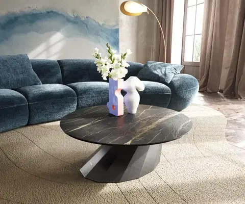 Konferenčné stolíky DELIFE Konferenčný stolík Edge okrúhly 90x90 cm keramika Laminam® Noir Desir hnedá Parabi metalická strieborná