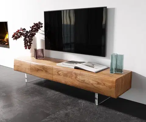 Televízne stolíky DELIFE TV stolík New Live-Edge 175 cm akácia prírodná 4 dvierka akrylová podstava