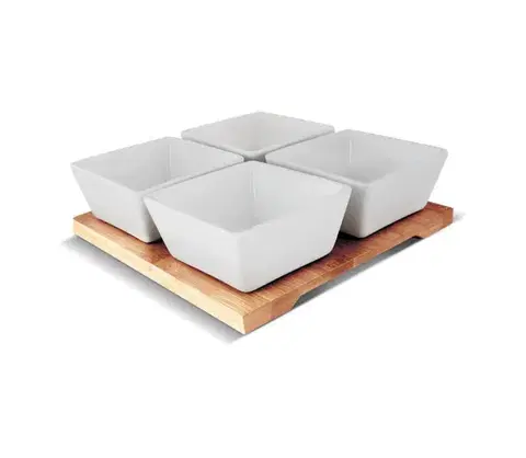 Dózy na potraviny Lamart - Súprava 4x porcelánová miska 19x19 cm + drevený podnos 42003021