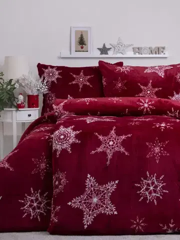 Obliečky MKLozkoviny.sk Predĺžené obliečky mikroplyš Exclusive – Snehové vločky červené - 140 × 220 cm - 70 x 90 cm