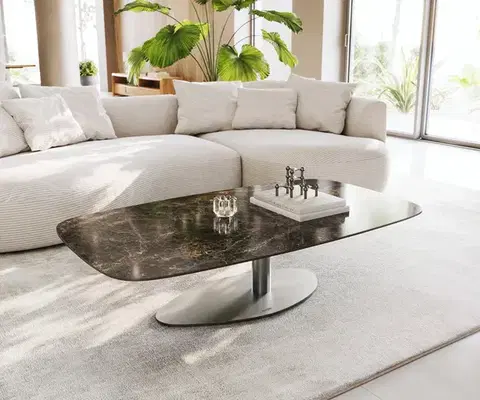 Konferenčné stolíky DELIFE Konferenčný stolík Edge zaoblený 140x80 cm keramika Laminam® Emperador Extra Lucidato tmavohnedá Vibany nerezová oceľ kefovaná
