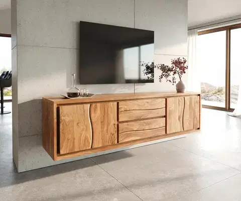 Televízne stolíky DELIFE TV stolík Live-Edge 200 cm akácia prírodná 4 dvierka 2 zásuvky závesný