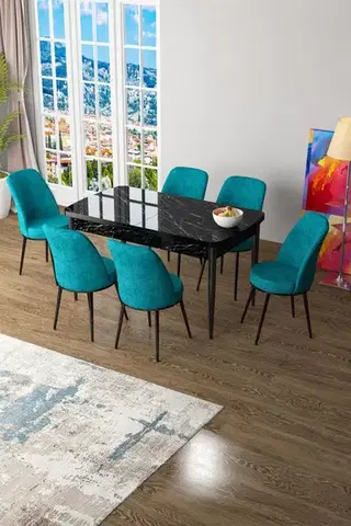 Jedálenské sety Extendable Dining Table & Chairs Set (7 Pieces) Zen - Black Marble, Turquoise