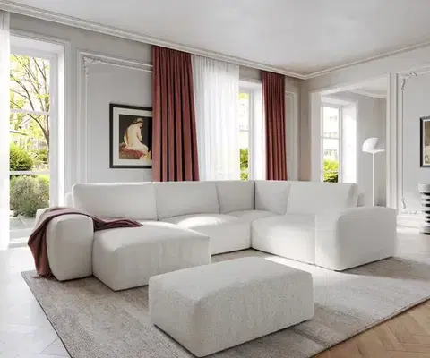 Sedacie súpravy XL DELIFE Pohovka v tvare U Lanzo 300x210 cm bouclé bielo-krémová ležadlo variabilné s taburetom