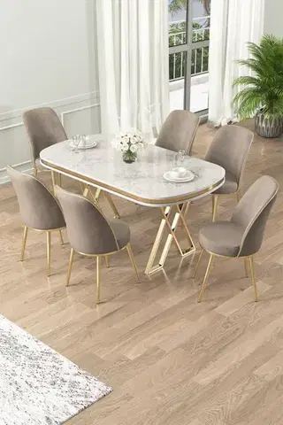 Jedálenské sety Dining Table & Chairs Set (7 Pieces) Lai - White, Gold, Cappuccino