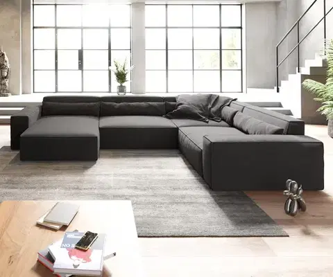 Sedacie súpravy XL DELIFE Pohovka v tvare U Sirpio XL 360x260 cm mikrovlákno čierna ležadlo variabilné