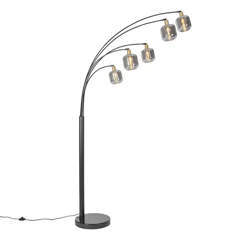 Stojace lampy Stojaca lampa čierna so zlatom s dymovým sklom 5-svetlo - Zuzanna