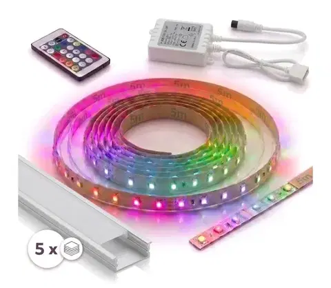 LED osvetlenie SmartLED Kompletná súprava 1x LED RGBW pásik DIGITAL, 16,5 W/230 V, 5 m + 5x vstavané profily po 1 m + diaľkový ovládač 5xSD0103+1xW4305