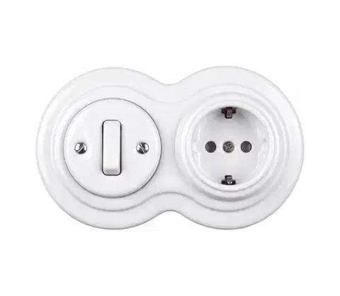 Predlžovacie káble Elhard - Keramický retro vypínač č. 1 a zásuvka 230 V s rámikom SCHUKO biela EF0092+EF0081+EF0087