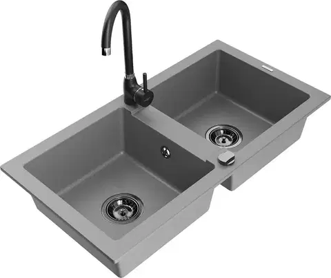 Kuchynské drezy MEXEN/S MEXEN/S - Mario granitový drez 2-bowl vrátane batérie Telma, šedá 6504-71-670200-70-B