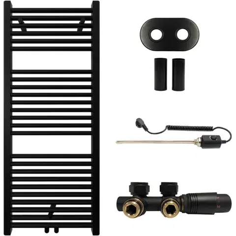 Doplnky do kúpeľne CERANO - Kúpeľňový radiátorový set Lincoln - kombinované vykurovanie, termo tyč - stredové pripojenie 50 mm - 300W - čierna matná - 1200x500 mm CER-663373