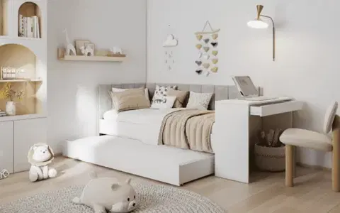 Postele ArtBed Detská posteľ FREYA s prístelkou a so stolíkom | biela / sivá (Amber 802) 90 x 200 cm