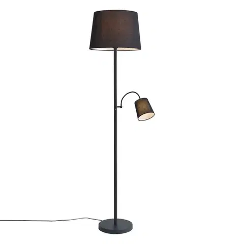 Stojace lampy Klasická stojaca lampa čierna s čiernym tienidlom a lampou na čítanie - Retro
