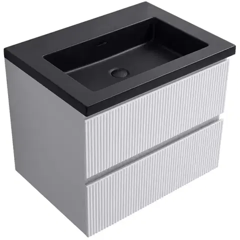 Kúpeľňový nábytok CERANO - Kúpeľňová skrinka Carole - biela matná ryhovaná + umývadlo z lit. mramoru Ovo - čierna matná - 60,5x53x46,5 CER-816730