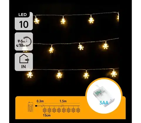 Vianočné dekorácie  B.V.  - LED reťaz 10×LED/3×AA, 1,5 m, teplá biela, snehové vločky B10303Q6R