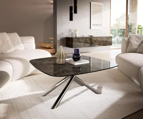 Konferenčné stolíky DELIFE Konferenčný stolík Edge zaoblený 90x90 cm keramika Laminam® Emperador Extra Lucidato tmavohnedá Sarity nerezová oceľ kefovaná
