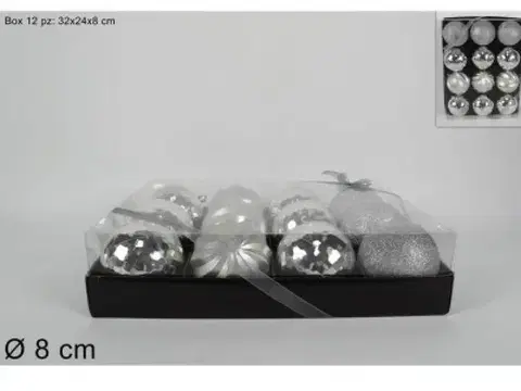 Vianočné ozdoby MAKRO - Gule vianočné strieborné 8cm, balenie 12ks