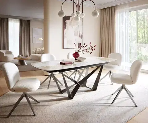 Jedálenské stoly DELIFE Jedálenský stôl Edge zaoblený tvar 180-220×100 cm keramika Minas Melange bielo-béžová Spider plochá oceľ nerezová oceľ grafit rozkladací