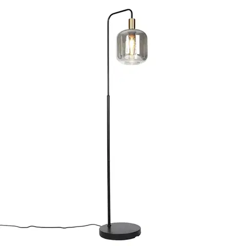 Stojace lampy Dizajnová stojaca lampa čierna so zlatom a dymovým sklom - Zuzanna