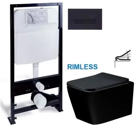 Závesné wc sety PRIM predstenový inštalačný systém s čiernym tlačidlom 20/0044 + WC MEXEN TEO ČERNÁ Rimless + SEDADLO PRIM_20/0026 44 ME02