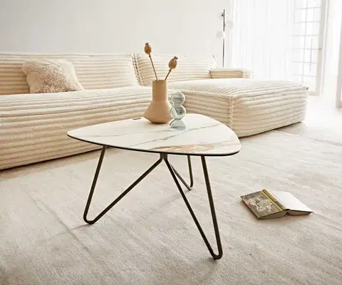 Konferenčné stolíky DELIFE Konferenčný stolík Ekrem 65x65 cm keramika Calacatta Luxe bielo-zlato-šedá Hairpin okrúhly kov titánový efekt