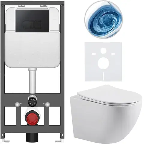 Záchody CERANO - Kompletný WC set Basic/Cesso - biela lesklá - WC tlačidlo Modulo/Čierna - závesné - predstenová inštalácia - 49x36 CER-8050BD86008