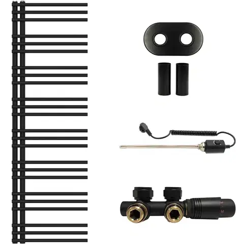 Doplnky do kúpeľne CERANO - Koupelnový radiátorový set Burke - kombinované vytápění, termo tyč - asymetrické připojení 50 mm - 600W - černá matná - 1600x500 mm CER-518227