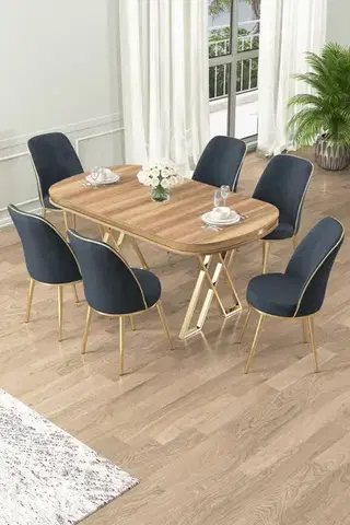 Jedálenské sety Dining Table & Chairs Set (7 Pieces) Lai - Light Walnut, Gold, Anthracite