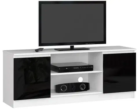 TV stolíky Dizajnový TV stolík ROMANA140, biely / čierny lesk
