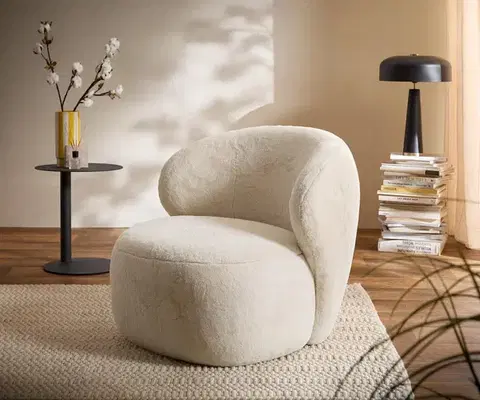 Lounge kreslá DELIFE Lounge kreslo Pulo 80x80 cm plyšový manšester krémovo biela