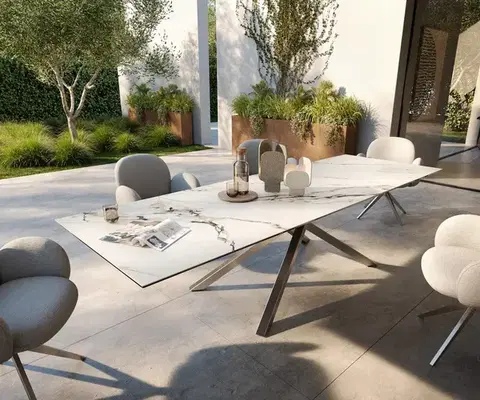 Záhradné stoly DELIFE Záhradný jedálenský stôl Edge 300x100 cm keramika Calacatta Luxe bielo-zlato-šedá krížová podstava obdĺžnik nerezová oceľ