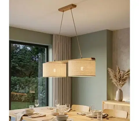 Svietidlá  Závesný luster na lanku AIDA 2xE27/15W/230V, priemer 35 cm, dub/rafia LD-2.98/DĄB RUSTIK/RAFFIA