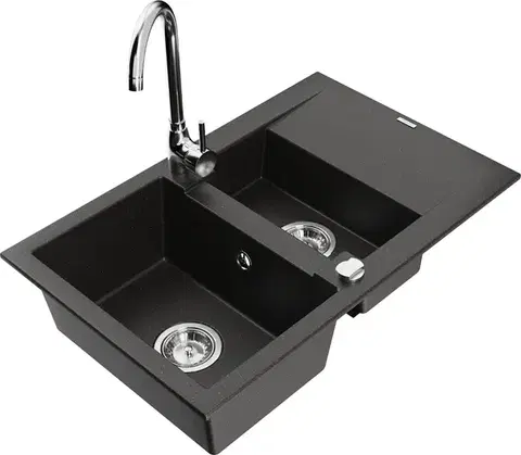 Kuchynské drezy MEXEN/S MEXEN/S - Gaspar granitový drez 1.5 s odkvapkávačom vrátane batérie Telma, čierna/zlatá 6507-75-670200-00