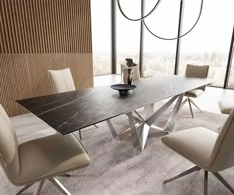 Jedálenské stoly DELIFE Jedálenský stôl Edge 200-300x100 keramika Laminam®Noir Desir hnedá pavúk plochá oceľ nerezová oceľ rozkladací