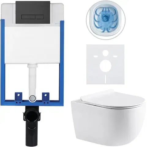 Záchody CERANO - Kompletný podomietkový WC set Profi/Felci - biela lesklá - WC tlačidlo Slim, čierne matné - na zamurovanie - 52,5x36 CER-8050BD57