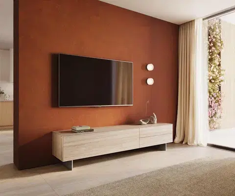 Televízne stolíky DELIFE TV stolík Cuor 220 cm keramika Laminam® Travertino Bianco krémovo biela 1 výklopné dvierka 2 zásuvky podstava závesná nerezová oceľ